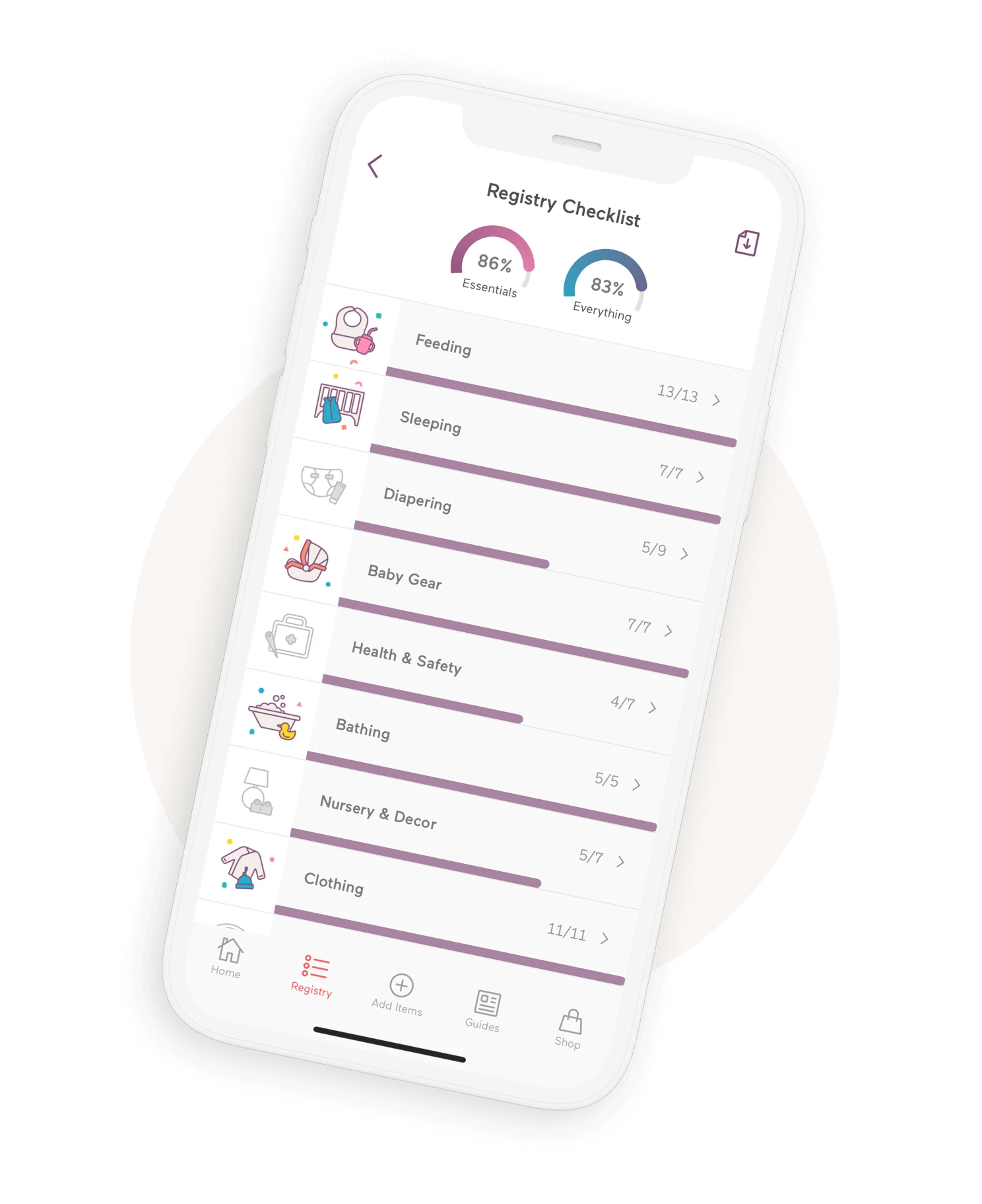 Babylist app on a smartphone showing a registry checklist
